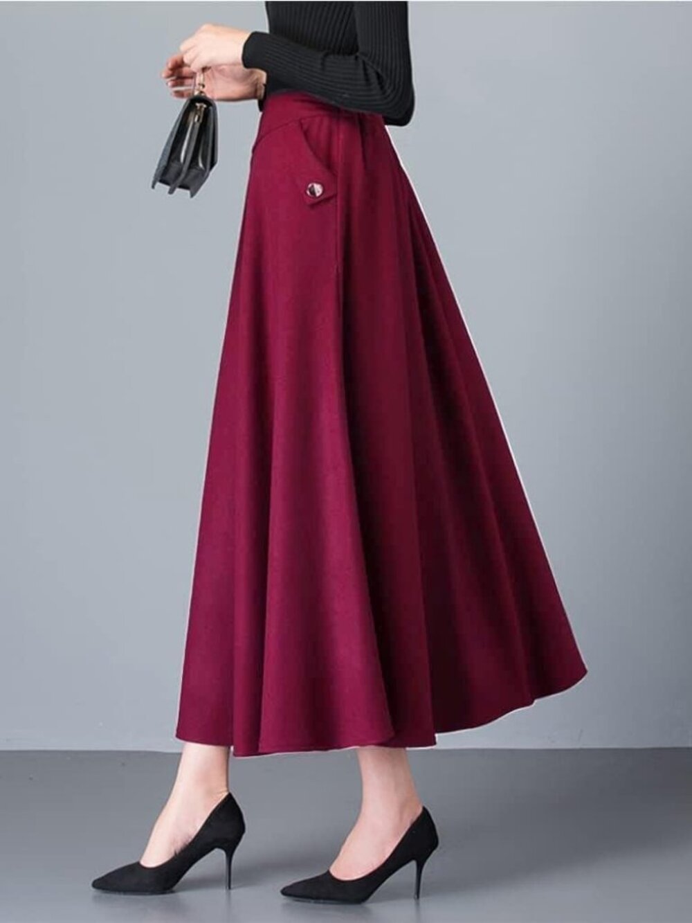 Women's Wine Red Fall Winter High Waisted Wool Plaid A-line Long Maxi Skirt - Picture 2 of 6
